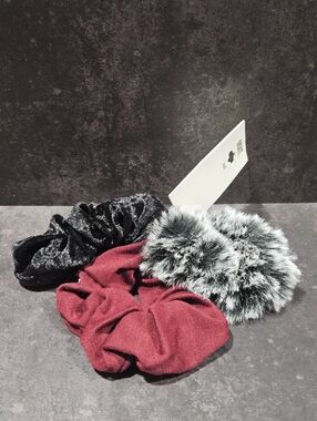 Hair Scrunchies Set Of 3 Black Velvet, Grey Furry & Wine
